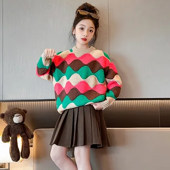2023 Корейски есенно-зимния Детски пуловер за момичета, пъстър пуловер с вълни за момичета, загрята топла вязаный топ за момичета-юноши и девойки