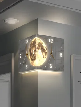 2023, нови ъглови двустранни светещи творчески часовници за всекидневна, монтиран на стената лампа Moon corner, стенни часовници, без дупки, ъглови часовници