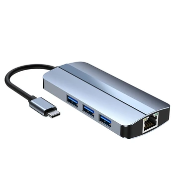 6-В-1 C USB Хъб Докинг станция Type C USB hub USB3.0 RJ-45 1000 Mbps четец на карти SD TF, Съвместимо със зарядно устройство PD мощност 100 W