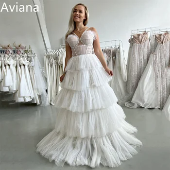 Aviana Сватбени рокли принцеса с тънки спагети презрамки от тюл с отворен гръб, без ръкави, на много Нива сватбени рокли Vestido De Новия