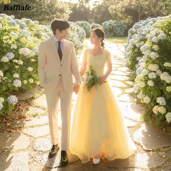 Bafftafe Прости вечерни рокли от жълтата органза, Корейски вечерни рокли за абитуриентски бал, къси ръкави, сватбена фотосесия на Булката, вечерна рокля