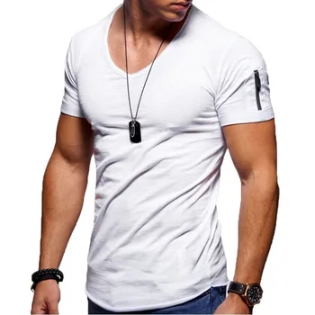 FANWEILIN Мъжки Модни Бели Тениски с цип С Къс Ръкав, Летни Нови Модни Мъжки Тениски С V-образно яка, Однотонная Тениска Homme Koszulki