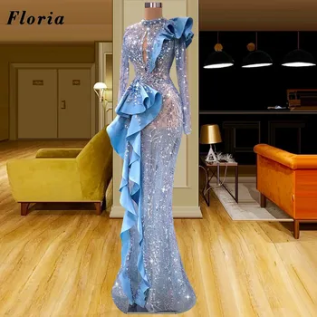 Floria Middle East Вечерни рокли, с блестящи сини мъниста, Vestidos De Fiesta 2022, най-новия рокля за бала в Дубай с дълги ръкави, рокли на знаменитости