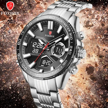FOXBOX Нови модни спортни мъжки ръчен часовник с цифрова водоустойчив кварцов хронограф часовник от неръждаема стомана, мъжки часовник Relogio Masculino