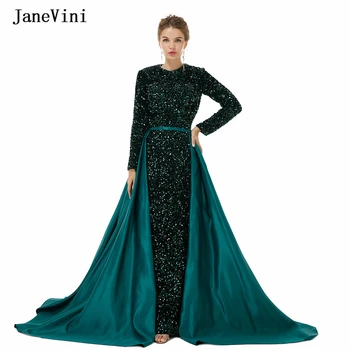 JaneVini Dubai Секси вечерни рокли с дълъг ръкав и атласным подвижна влак 2022 Русалка Перли, Пайети Луксозно Зелена вечерна рокля