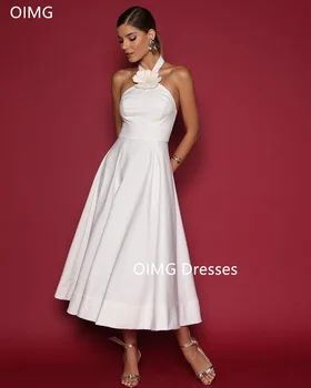 OIMG Прекрасни Модни Реколта прости рокли за бала на бретелях, Бели сатенени вечерни рокли, трапецовидна форма, без ръкави, Официална празнична рокля