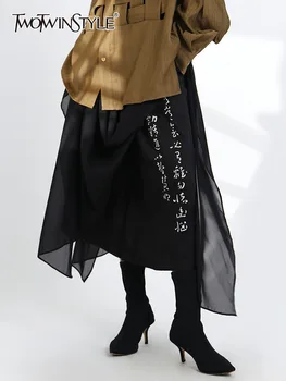 TWOTWINSTYLE Елегантни дамски поли с цветен принтом под формата на блокове, Асиметрична дизайнерски ежедневни Свободна пола с висока талия, дамска мода