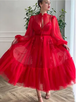 Абитуриентски рокли от тюл Dimyaoyue в червено грах, Дълги ръкави, обвързани лък, Рокли за абитуриентски бал с дължина до чайна, Много скромни рокли за официални партита