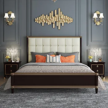 Американската лека луксозно легло от масивно дърво модерна италианска кожена легло Европейския мек почивка двойно легло, легло за съхранение на неща легло queen-size