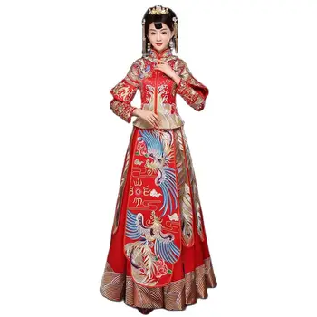 Винтажное червено булчинската рокля на булката Реколта бродирана кралски костюм принцеса на Финикс Традиционен китайски женски сватбен Чонсам