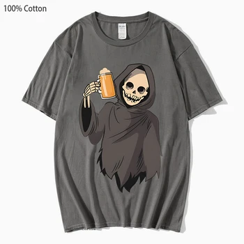 Време за бира с Grim Reaper Тениска Дамски тениски Готическата Аниме Мъжка Тениска облекло High Street KPop Градинска Облекло Топ от 100% памук