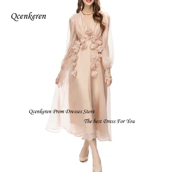 Выпускное рокля Qcenkern с V-образно деколте и апликации, Тюлевое вечерна рокля трапецовидна форма, без облегалка, с дълъг ръкав до щиколоток, вечерна рокля в Дубай