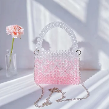 Градиентные розово домашно чанта през рамо от мъниста за жени, празнична чанта през рамо метална верига, дамски летни вечерни чанти-клатчи