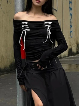Дамска тениска С дълъг ръкав, отгоре с отворени рамене, Контрастен яка в една линия, приталенная клубни дамски дрехи, черен топ