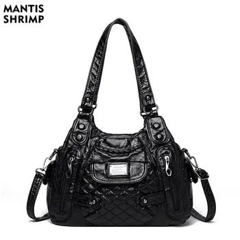 Дамска чанта, Черна Зимни стил, Мека изкуствена кожа, луксозни чанти, маркови дамски чанти през рамо, чанта-месинджър