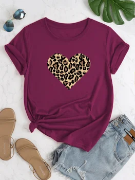 Дамски ежедневни тениска с къси ръкави и принтом под формата на леопардового сърцето голям размер