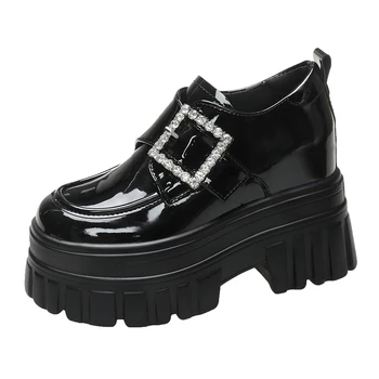 Дамски обувки на висока платформа с кристали 10 см, есенна ежедневни обувки за баща на дебела подметка, Пешеходната масивна обувки, Дамски кожени маратонки