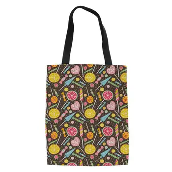 Дамски чанта за пазаруване в супермаркета с мультяшными бонбони и сладолед, дизайнерски холщовые чанти-тоут, чанти за студентски книги, сгъваеми чанти за еднократна употреба Bolsa