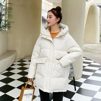 Дамско яке, зимно топло палто с памучна подплата, модерен парк с качулка с дълъг джоб, Южна Корея, свободна дамски дрехи.