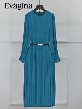 Дълга рокля Evagina с плиссированным колан на талията, пролетно-есенни нови женски празници елегантни рокли с ръкави-фенерчета