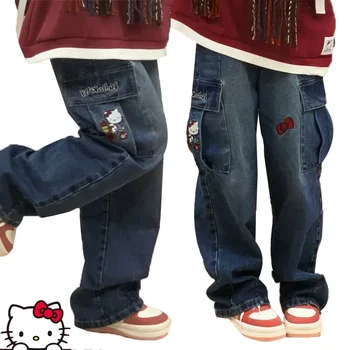 Дънкови облекла Sanrio Hello Kitty Y2k, дамски дънки, модни широки панталони, градинска дрехи, реколта панталони, прави дънки от аниме