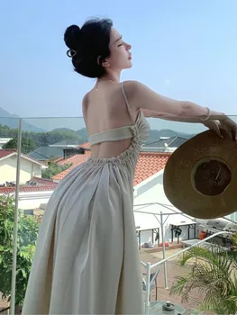 Елегантна атласное дълга рокля без гръб за жени с бежевыми гънките на тънките спагети презрамки, Корейското луксозно однотонное Лятна рокля за партита