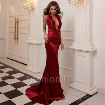 Елегантна секси червена вечерна луксозно рокля за бала, елегантен, за жените, вечерни рокли в пода с V-образно деколте и с отворен гръб, за официални събития на поръчка