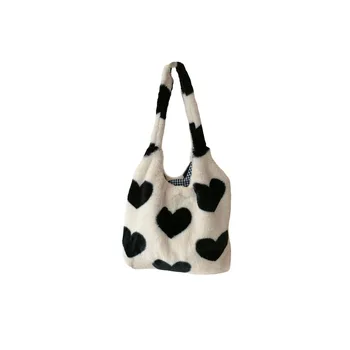 Есенно-зимни нова плюшен чанта-тоут Love heart Дамски чанта през рамо с голям капацитет на бретелях