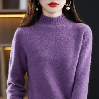 Есенно-зимния нов пуловер от 100% чиста вълна, женски дебел пуловер с полувысоким деколте, долната риза Жокера.