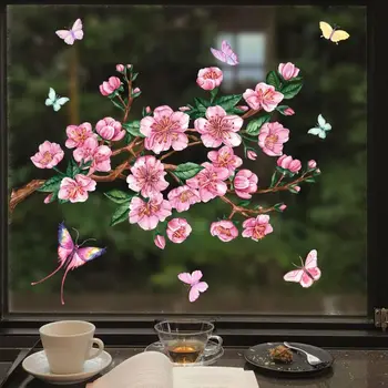 Етикети на прозорец с цветя, праскова, уникални двустранни визуални нелипкие статични етикети, етикети с пеперуди за да се предпази от сблъсъци, направени със собствените си ръце, стикери за стена