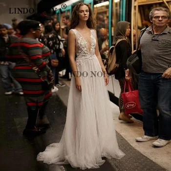 Жена сватбена рокля, трапецовидна форма, без ръкави LINDO с V-образно деколте, с аппликацией от перли, дантели, дължина до пода, в Елегантна сватбена рокля vestido de noiva
