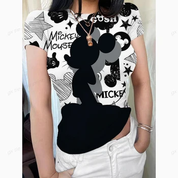 Жена топ с принтом Мики Маус, Обтягивающая риза в стил Харадзюку, Лятна Модна тениска за партита С кръгло деколте, Y2k, Дамски дрехи