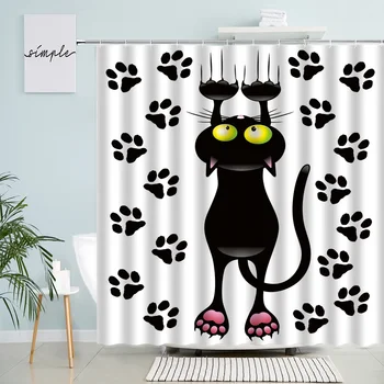 Забавни завеси за душ с черна котка, Сладки следи Върху бял фон, Завеса от полиэстеровой кърпа за баня, интериор за любителите на котки с куки