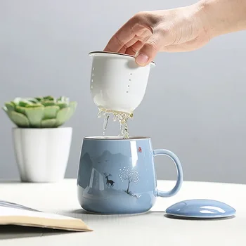 Керамични чаена чаша с филтър, проста посуда за напитки с голям капацитет, домакински кафеена чаша с капак, Порцелан офис чаена чаша