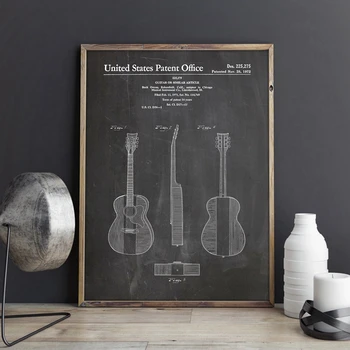 Китара, Патент, Печат върху платно, Подарък плакат на китариста, Фигура на Американската акустична китара, Музикален декор на Резервоара Оуэнса