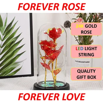 Красавицата и звяра Червена роза в чашата купола Изкуствени цветя led лампа за сватба Подаръци за Свети Валентин, Коледа рожден Ден