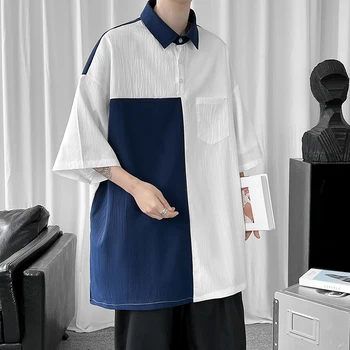 Лоскутная Черно-бяла риза Ice Silk в японски стил Харадзюку с къс ръкав, мъжки блуза оверсайз, Лятно Поло, Модерен случайни топ, Новост 2023 година.