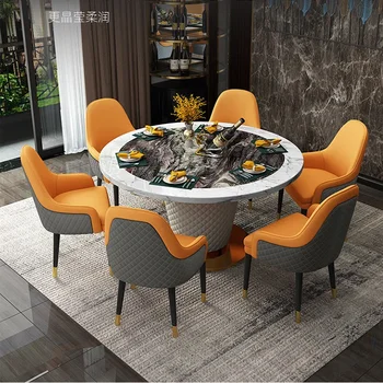 Луксозна комбинация от масата за хранене и столове, изработени от мрамор, просто кръгла маса за хранене в гонконгском стил, домашен маса за хранене