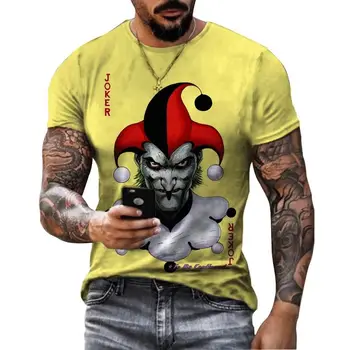 Лятна мъжка тениска с 3D-принтом с шарките на покер клоун, модерен O-образна яка, къс ръкав, хип-хоп, весела индивидуалност, плюс размер, без топ.