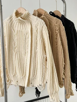 Модерен дизайн, Вязаный женски пуловер с пискюли, Пуловери, Есенна поло с дълги ръкави, ежедневни дамски връхни дрехи, палта, блузи