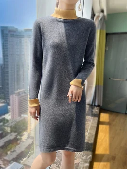 Модерен женски пуловер с цветни блокчета 2023, есенно-зимния дълъг вязаный пуловер от чиста вълна, удобно универсално палто, с дълга пола