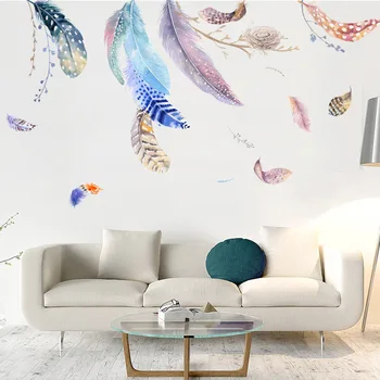 Модерен стил, цветни стикера от пера върху стена за хол, фоново украса на дивана, стенни стикери, начало декор, украсете тапети