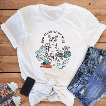 Модна тениска с принтом хубава котка с къс ръкав на 90-те години, тениска с принтом дрехи на 90-те години, лятна дамска тениска с изображение, базова горната риза.