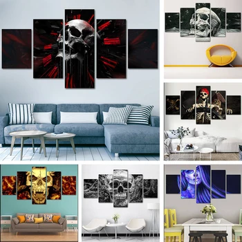 Модулни картини върху платно с изображение на Злото Черепа, Начало декор, 5 парчета Ужасни картини, HD-щампи, Абстрактен рамка за стенни художествени плакати.