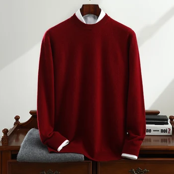 Мъж, безшевни вълнен пуловер с кръгло деколте и дълги ръкави, обикновен пуловер, есен-зима, топло 100% вълнен вязаный жилетка, топ