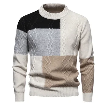 Мъжката Есенно-Зимния Нова Тенденция, Модерен Вязаный Пуловер с Цветен Блок, Пуловер