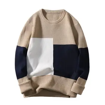 Мъжката есенно-зимния пуловер дебела тел от цветни блокчета, дълъг ръкав в стил мозайка, Кръгъл отвор, без пуловер, еластичен, Свободен топъл пуловер