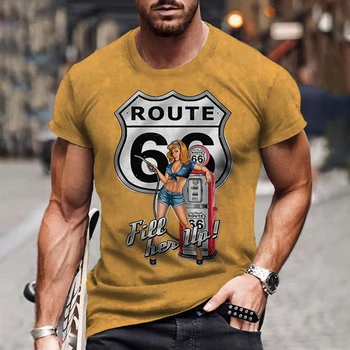 Мъжки t-shirt 2023 Vintage Extra Large Свободно, намаляване, Реколта Модна тениска С къс ръкав и кръгло деколте US Route 66 с 3D принтом