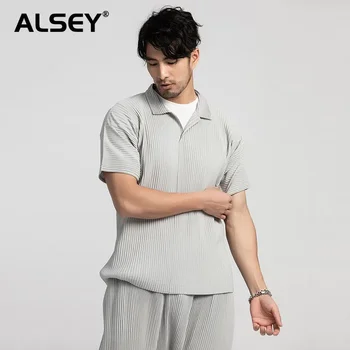 Мъжки дрехи ALSEY Miyake от японската еластична тъкан, тънки свободни върховете в сгъвката с ревери, поло блузи с къс ръкав за мъже, нови дрехи