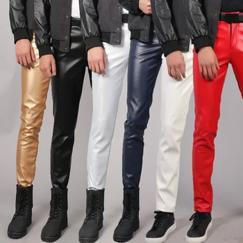 Мъжки панталон еластичен приталенного намаляване, модерни и устойчиви на вода Бели Кожени панталони за мъжете